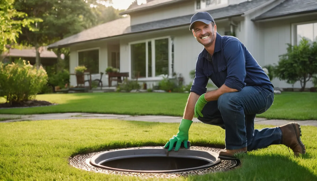 A friendly provider checking a septic tank lid in a tidy yard in Skokie