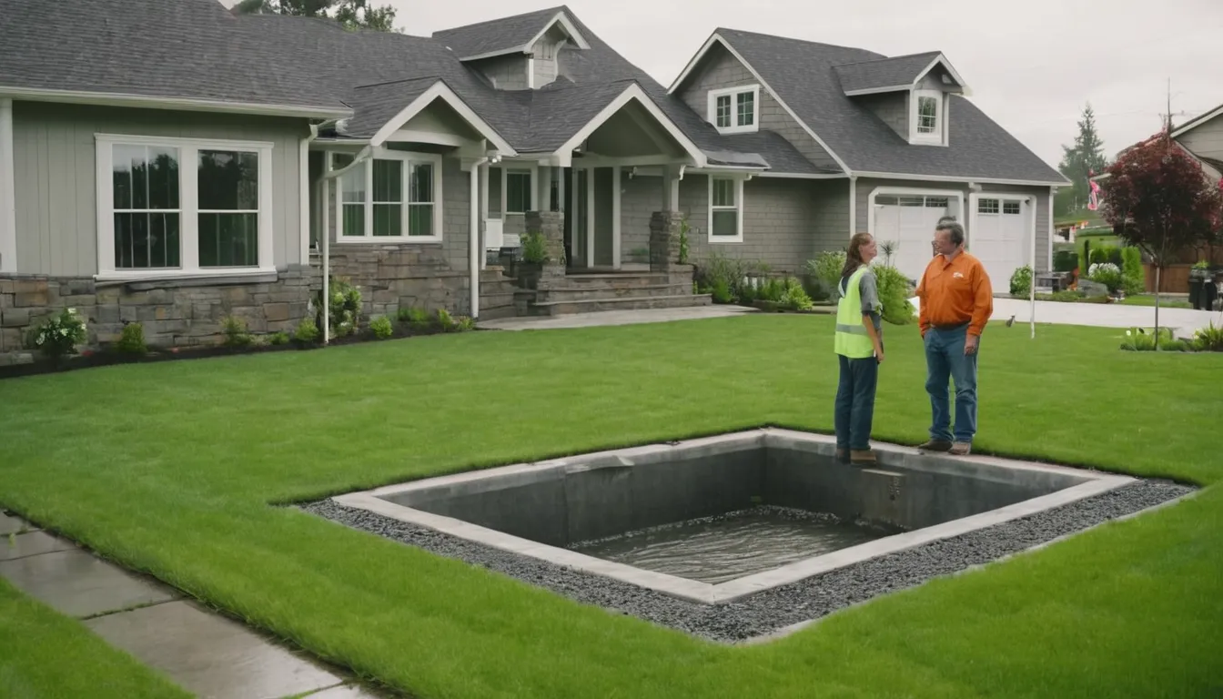 Friendly provider talking with a homeowner beside a septic tank access lid in a yard near Skokie