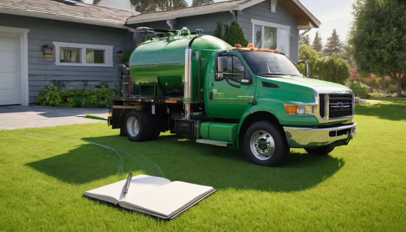 Septic pumping truck parked beside a tidy home in Skokie while a provider checks the tank lid